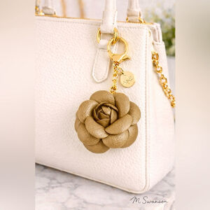 NEW Camellia Rose Bag Charm Keychain | Khaki Gold Vegan Leather Floral Charm